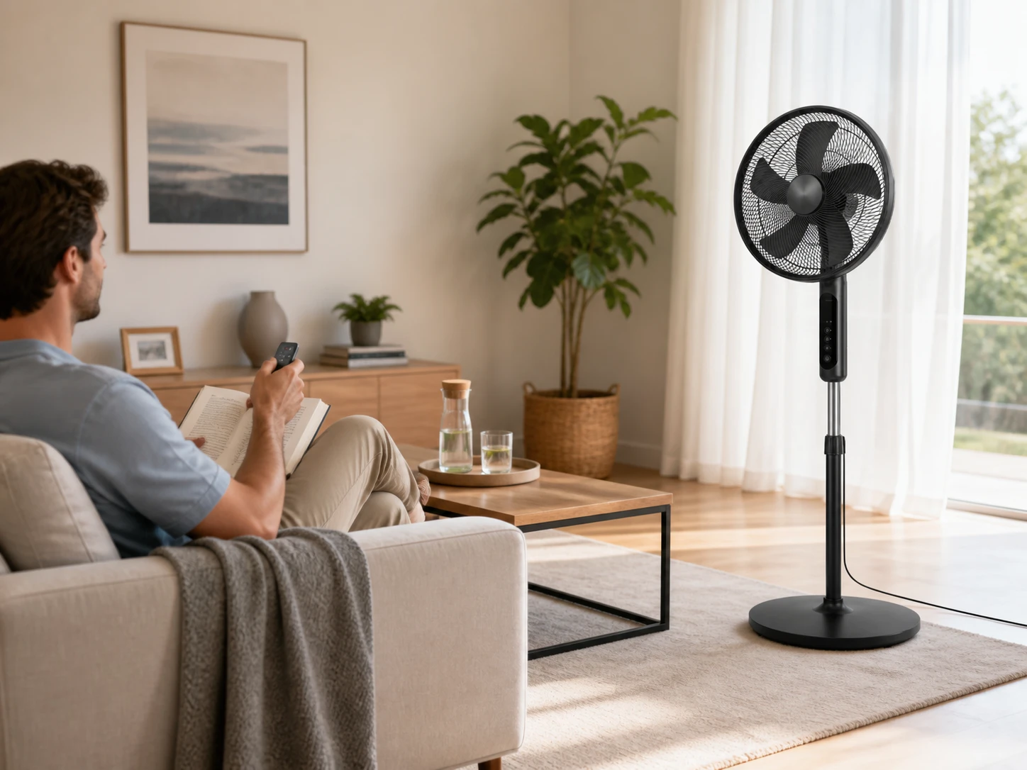 Persona usando el mando del ventilador en el salón