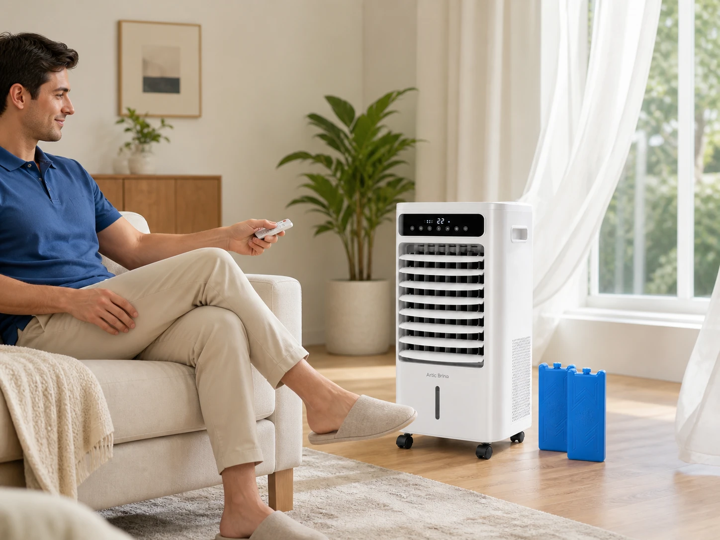 Persona ajustando el climatizador con el mando en el salón