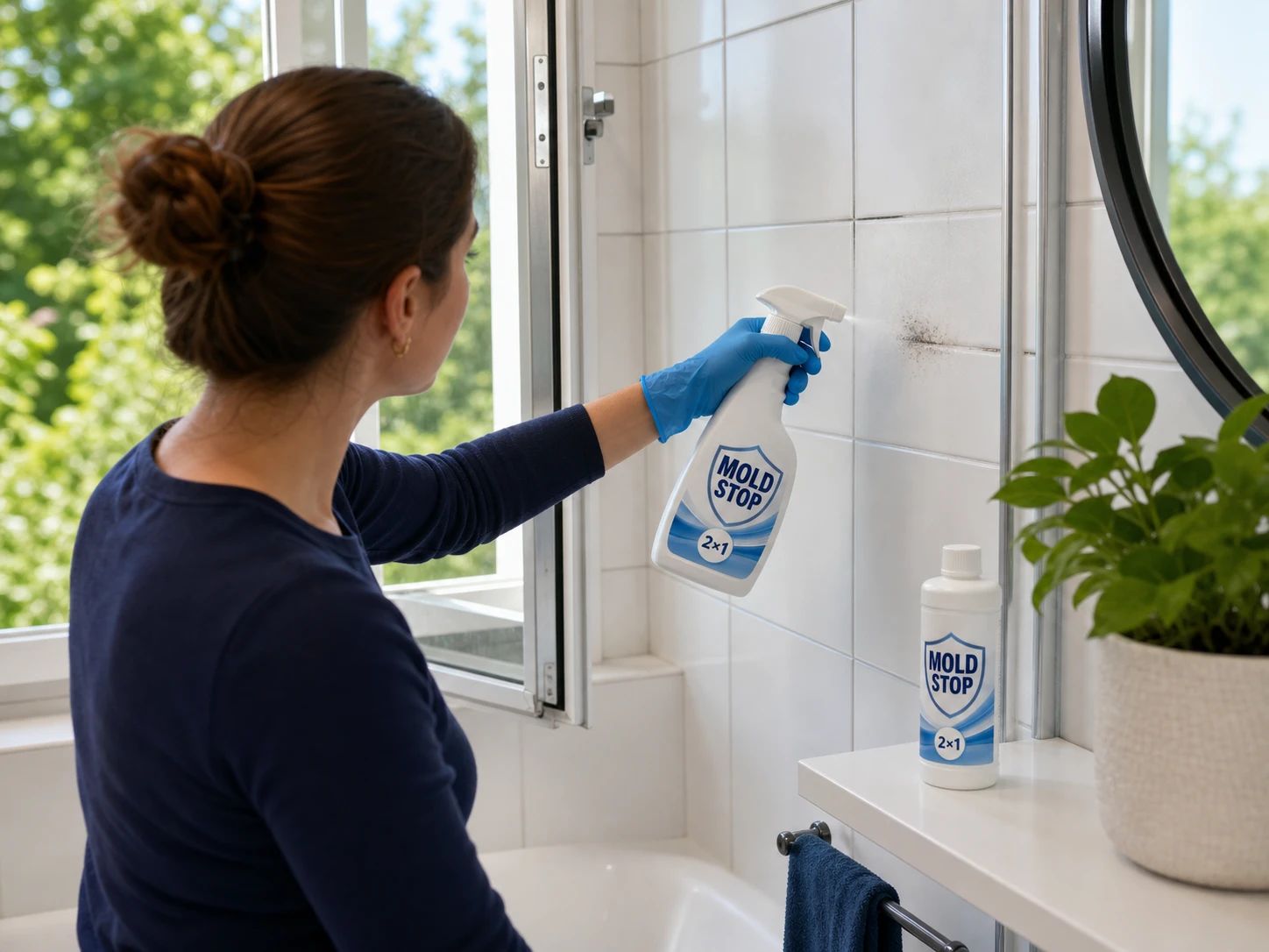 Persona con guanti che applica Mold Stop sulle piastrelle