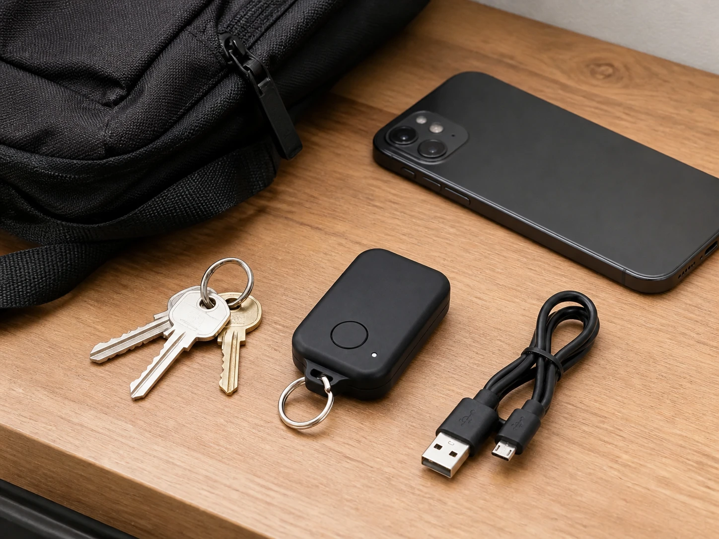 Localizzatore A8 con chiavi, cavo e smartphone