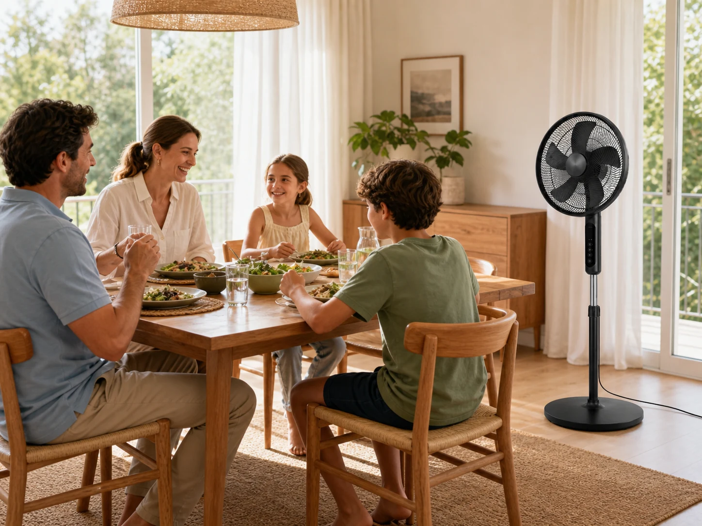 Familia comiendo alrededor de la mesa con el ventilador de pie orientado para repartir el flujo