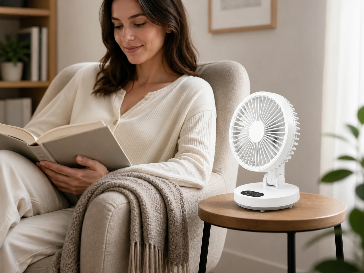 Mini ventilatore accanto a una poltrona durante la lettura