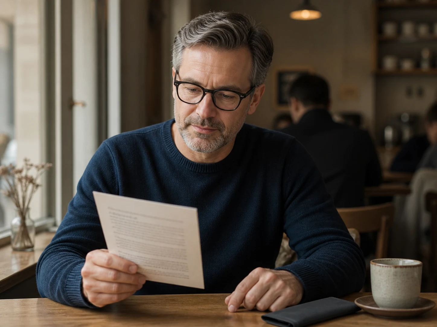 Hombre leyendo un menú con gafas de lectura