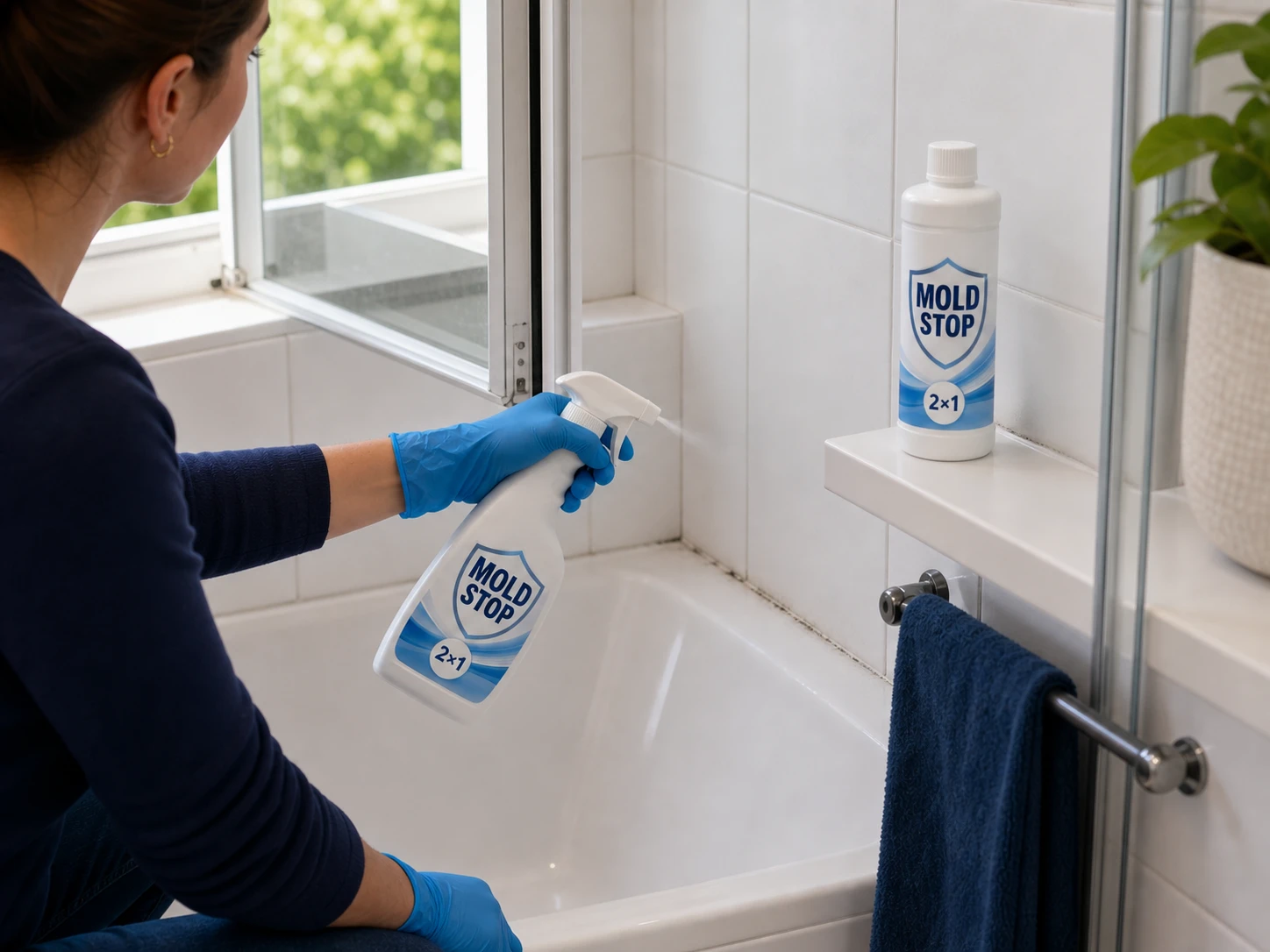 Persona con guanti che applica Mold Stop lungo il giunto in silicone di una vasca