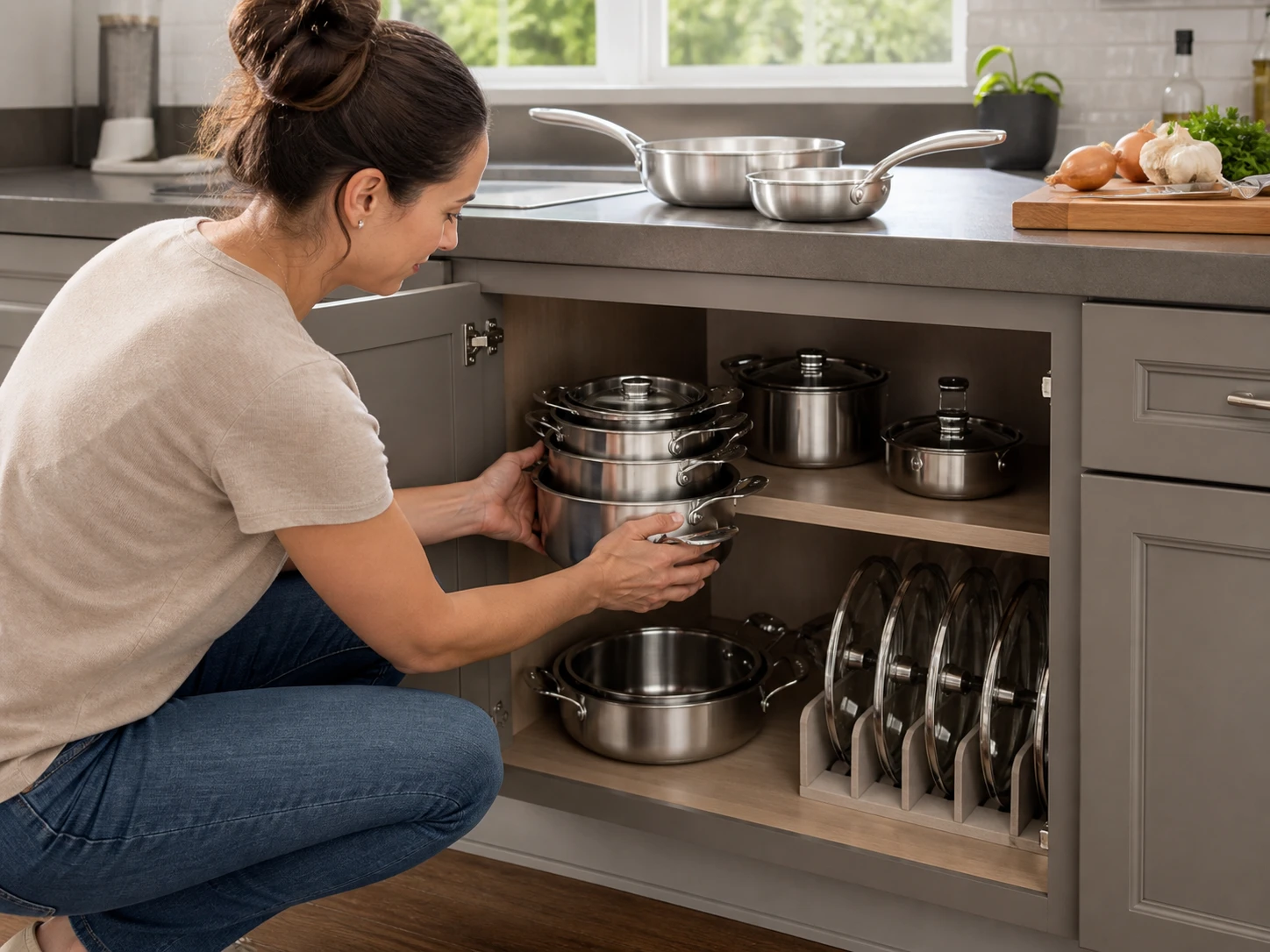 Pentole e coperchi organizzati in un mobile cucina