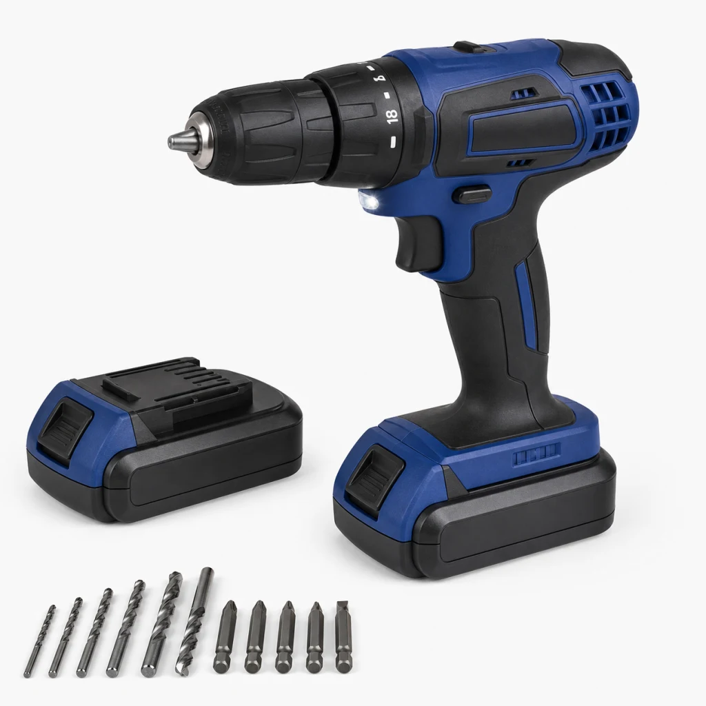 Trapano avvitatore cordless blu con due batterie e punte