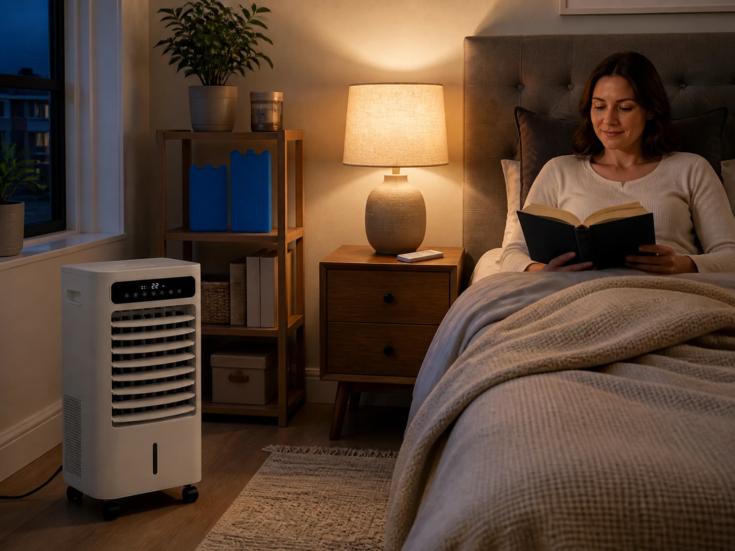Climatizador junto a la cama durante una lectura nocturna