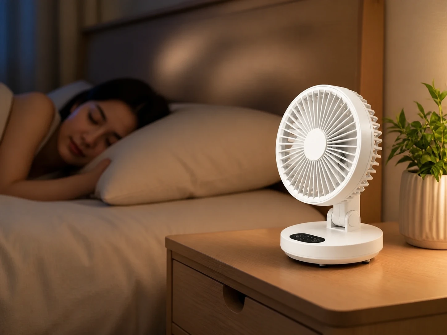 Mini ventilatore su un comodino accanto al letto