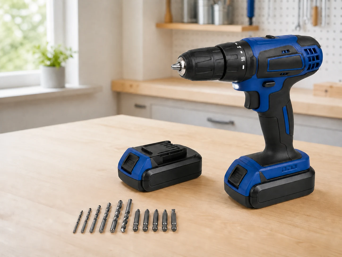 Trapano avvitatore con una batteria inserita e una seconda batteria accanto.