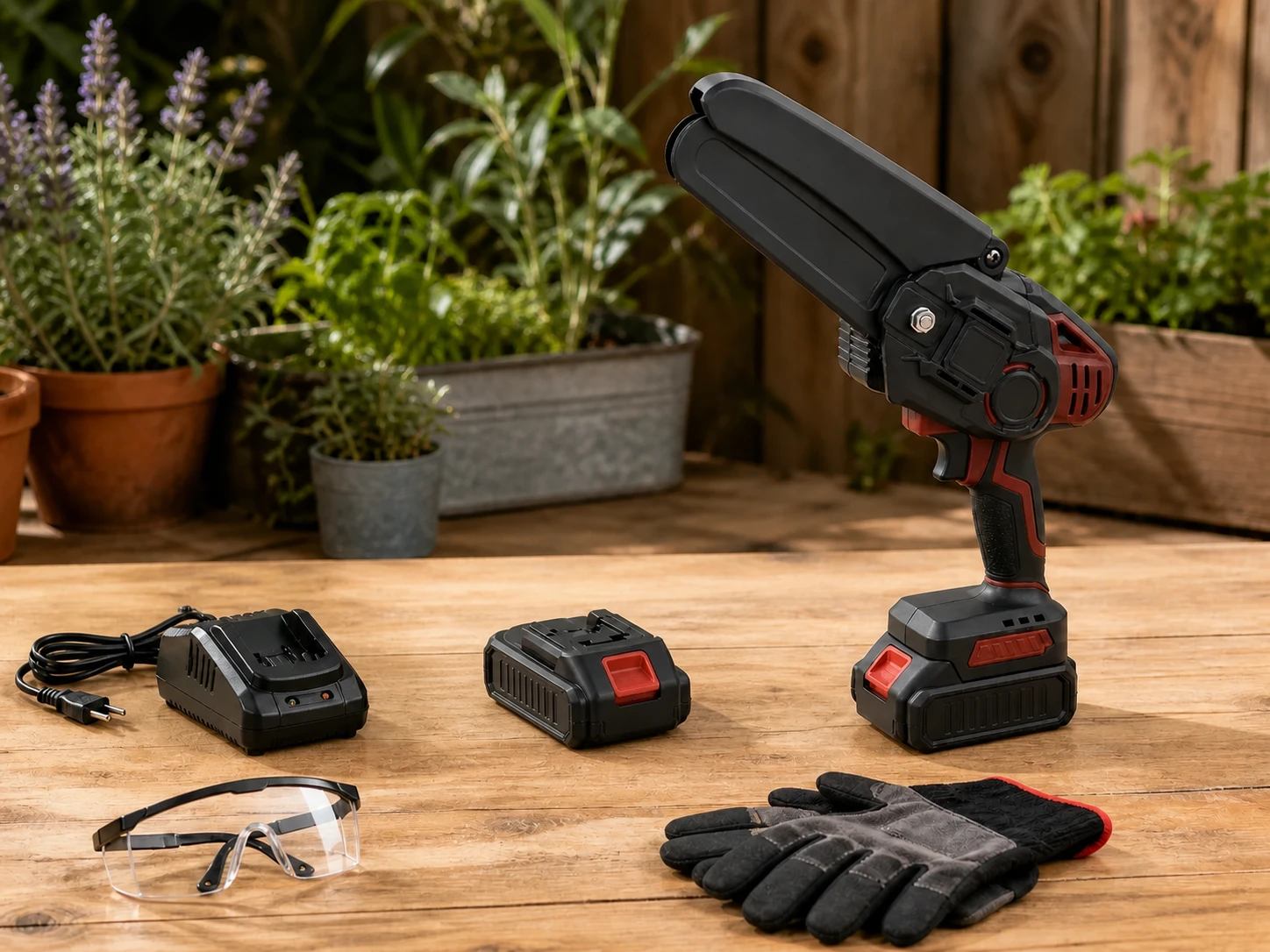 Mini motosierra con dos baterías y accesorios de seguridad