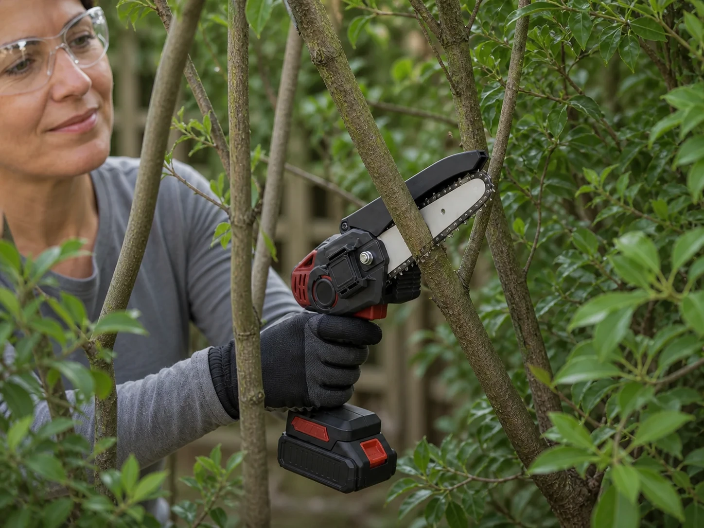 Mini motosierra colocada entre ramas próximas para realizar un corte pequeño